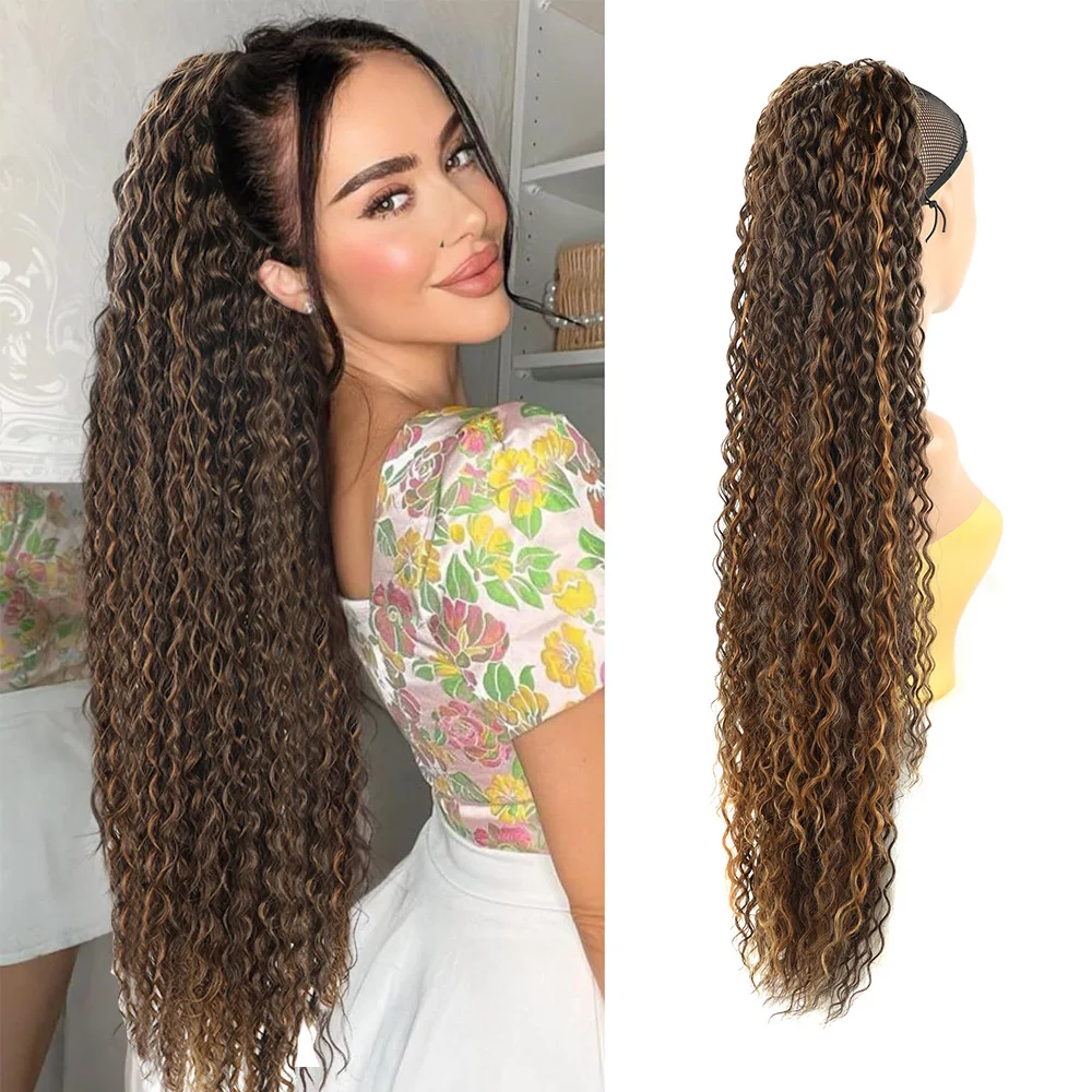 30inch Synthetic Kinky Curly Ponytail Organic Drawstring Ponytail Tail Clip-In Weave Hair Extension For Women Natural Looking