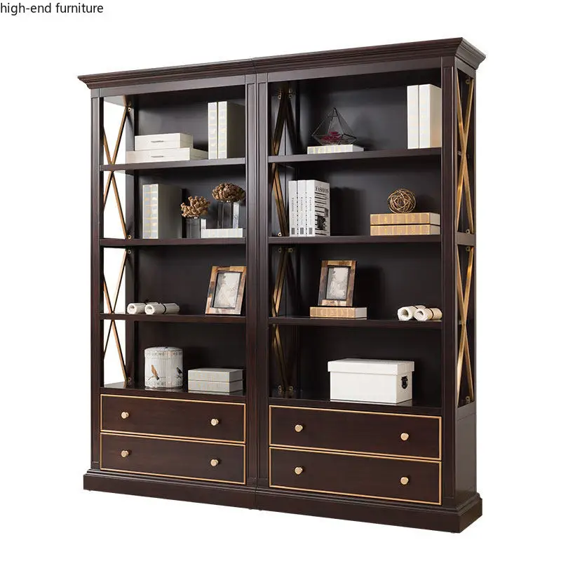 Light luxury solid wood bookshelf, simple household glass door combination shelf, office display size bookcase