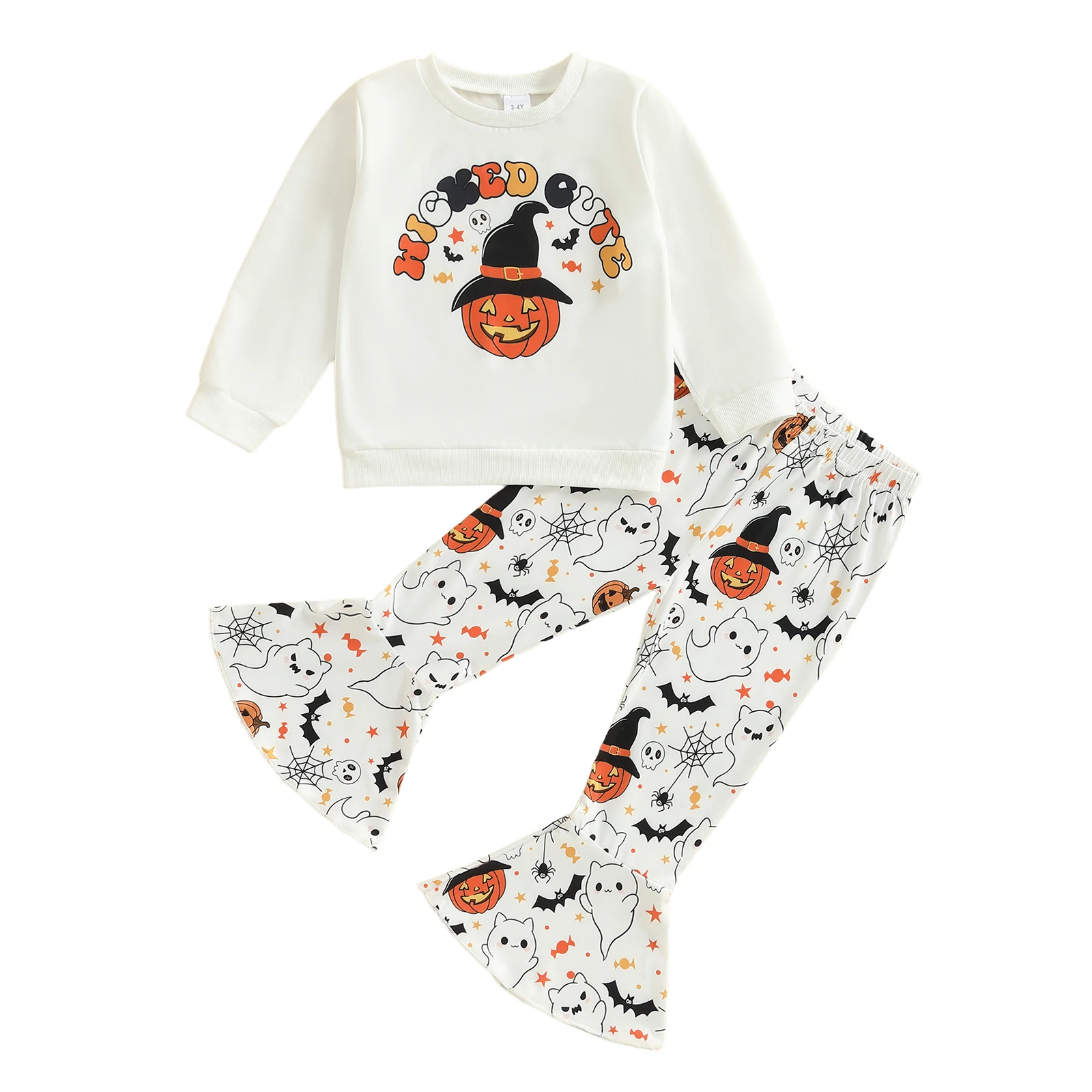 

Наряд на Хэллоуин для маленькой девочки: толстовка с круглым вырезом и длинными рукавами с принтом тыквы и расклешенные брюки, комплект из 2 предметов