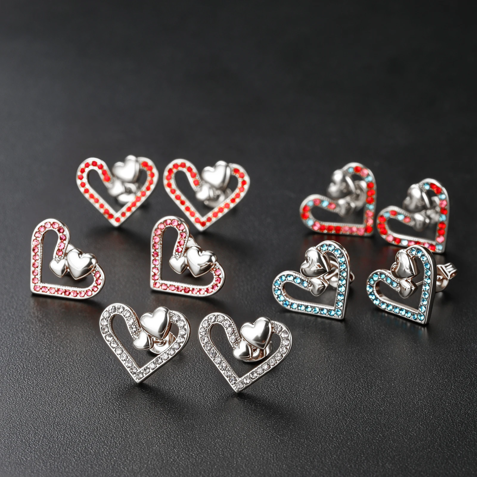 Eueavan Edelstahl Doppelherz Ohrstecker Strass Kristall Ohrringe Romantischer Schmuck für Frauen Party Valentinstag – Detail 1