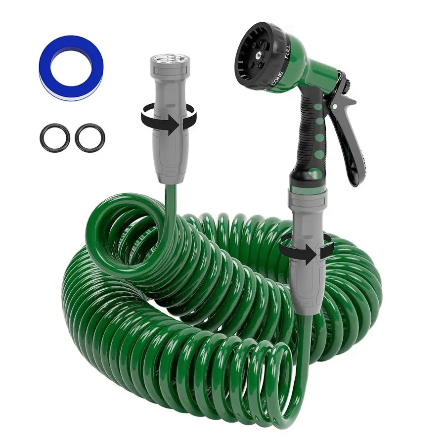 

3 8 Lightweight Coil Garden Hose 50 FT, EVA Flexible Curly Water Pipes with 6Pattern Spray Nozzle for Boat, Greenhouse, Yard, Pa