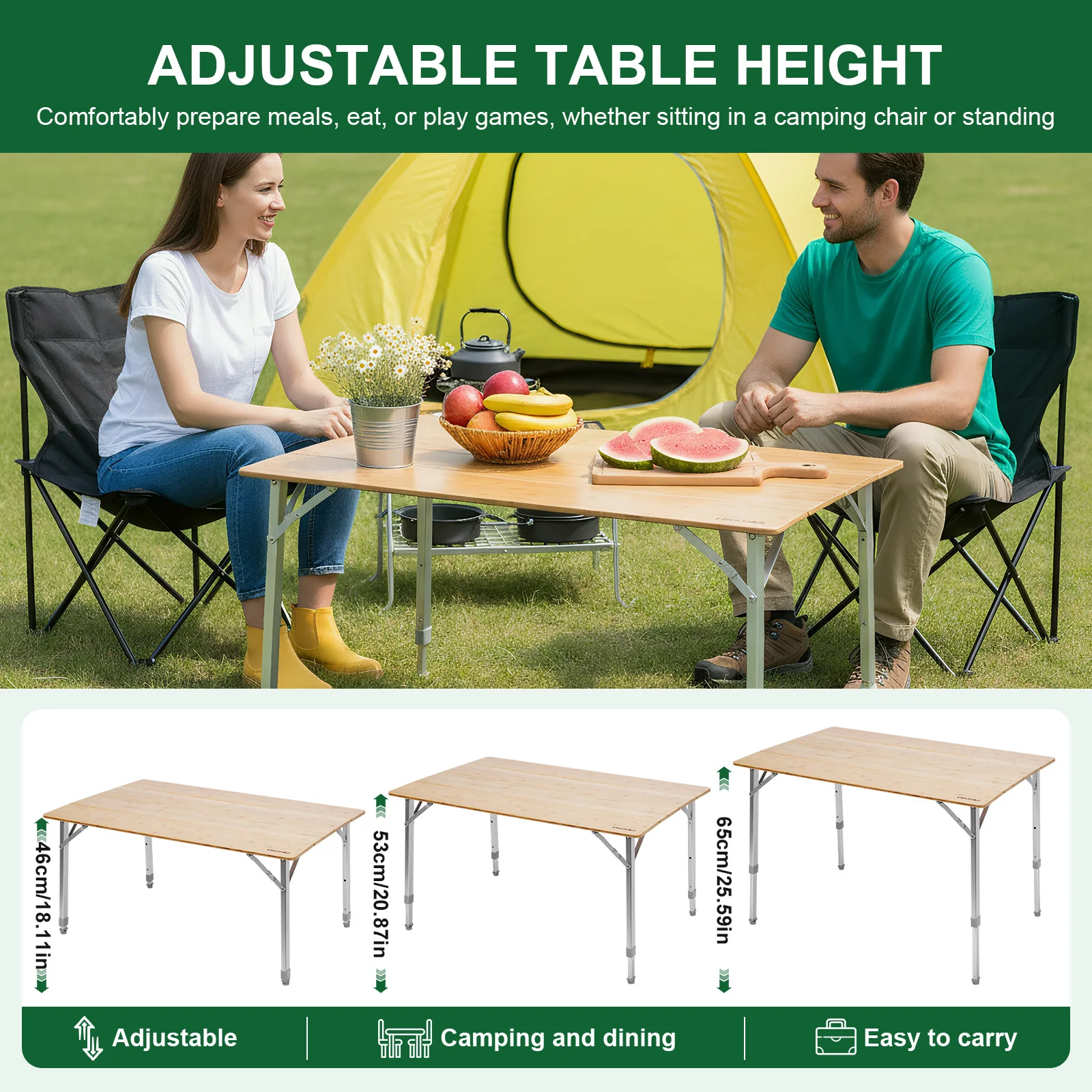 

Adjustable Height Folding Bamboo Camping Table with Carry Bag Heavy Duty Foldable Camp Table Loads 80KG for Hiking Beach Fishing