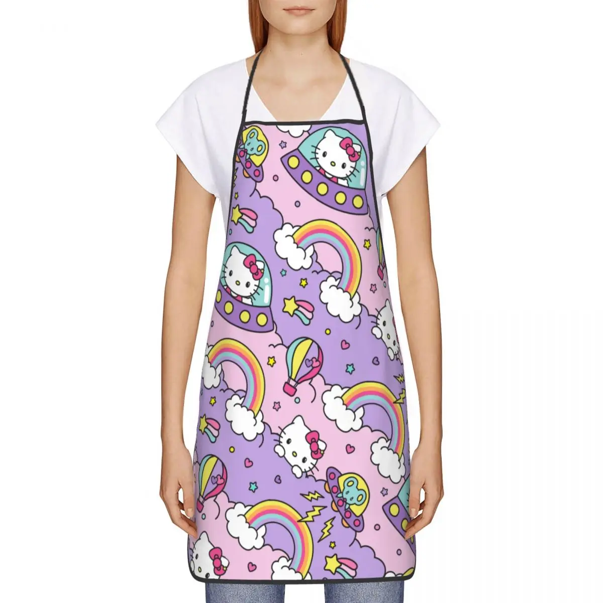 Custom Alien UFO Hello Kitty Cat Apron for Women Men Unisex Bib Cartoon Kitten Cooking Kitchen Tablier Cuisine Chef Baking