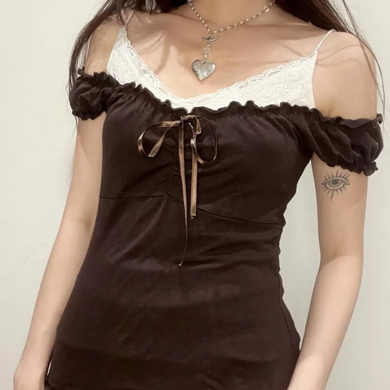 

American Retro Contrast Color Lace Spliced Fake Two-piece Popular Short Sleeve Pleated T-shirt Bow Appliques New Y2k Casual Top