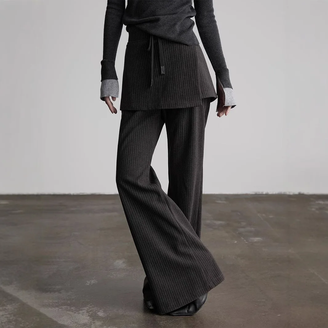 Autumn New Design Black Temperament Long Pants Fake Two Slim and Versatile Bootcut Casual Skirt Pants for Women