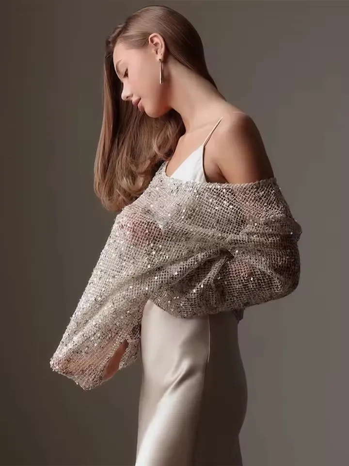 Chic Sequin Women 's Pullovers O-neck Shiny Full Sleeve See Through Blouse 2025 Summer Fashion Lady Hollow Out Knit Shirt Street