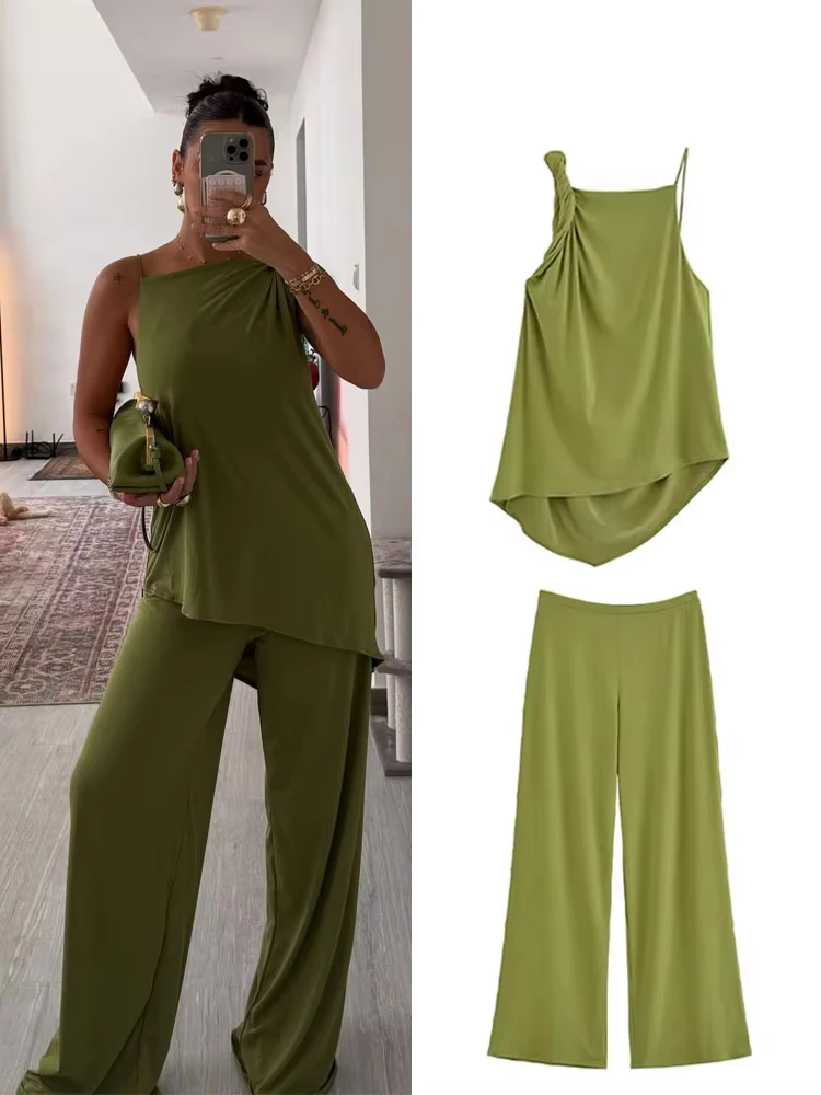 

TRAFZA Women Chic Pants Suit Pleated Backless Asymmetric Decoration Sleeveless Top+Elastic Waist-drooping Wide-leg Solid Pants