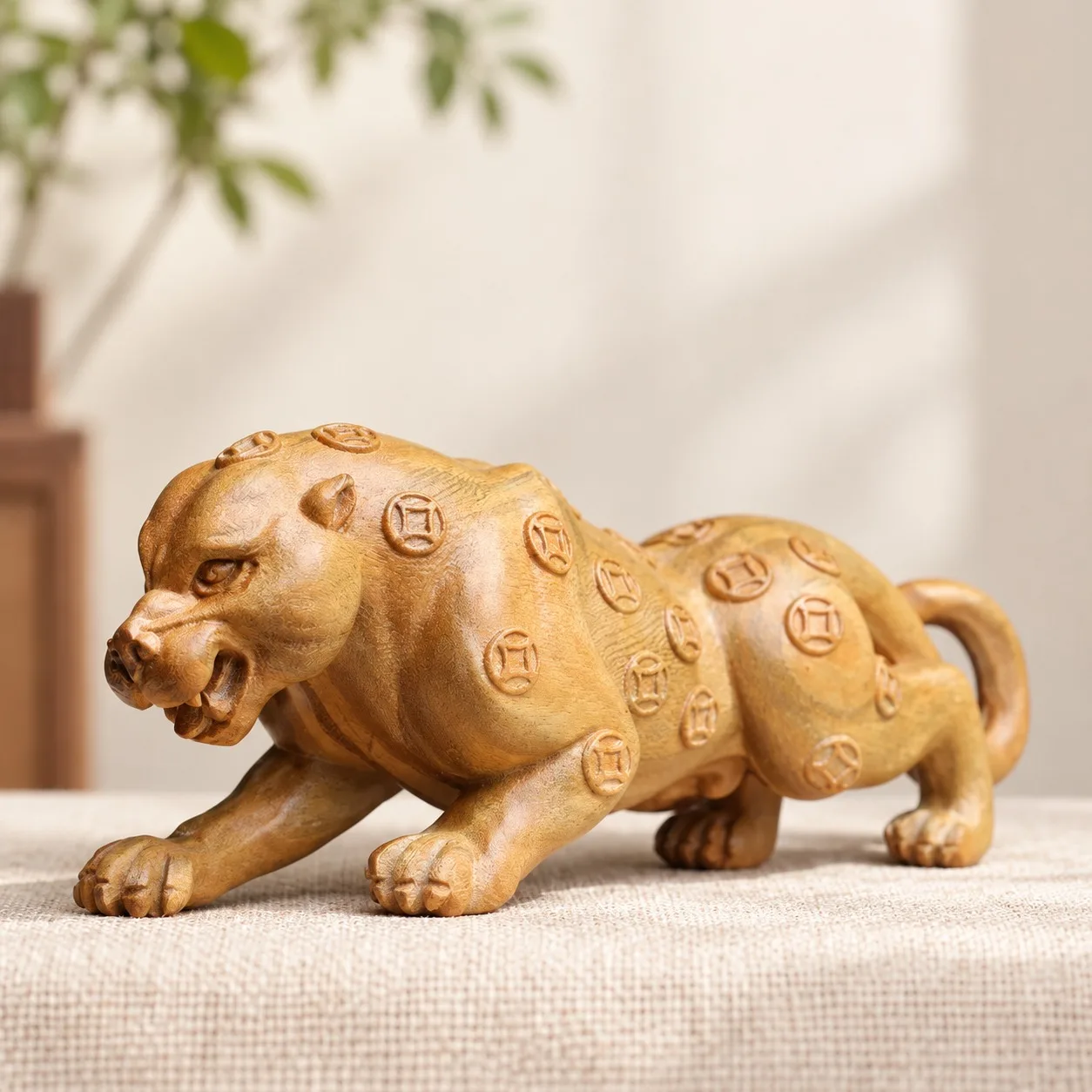 Hand-Carved Green Sandalwood Fortune Leopard Figurine for Chinese Feng Shui Car Desk Tabletop Wealth Decor Gift