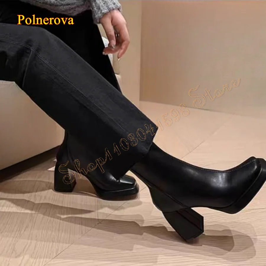 

Thick Soled Flat Toe Leather Heeled Boots,Fashion Thick Heel Zipper Mid Calf Boots Women Heel Boots 2023 New Zapatos Para Mujere