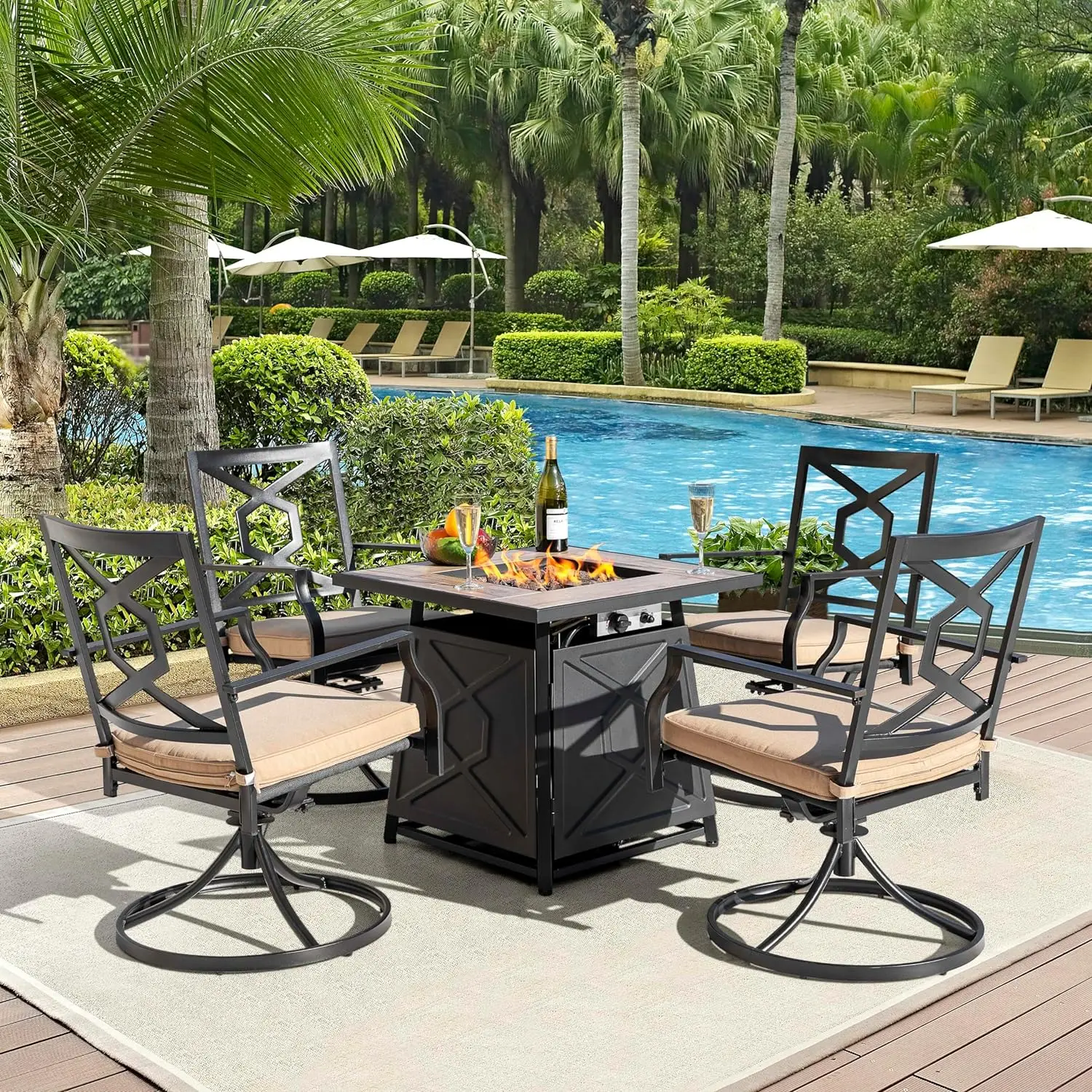 28 Inch Outdoor Propane Fire Pit Table, 50000 BTU Square Gas Fire Table with Ceramic Tabletop, Lid, Cover, Lava Rock for Garden