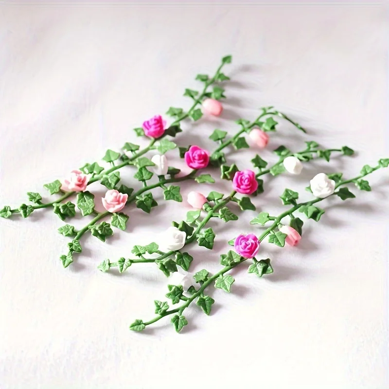 Miniature Rose Vines with Leaves, 5pcs Dollhouse Mini Flower Climbing Plants for DIY Craft Fairy Garden, Bonsai Decoration