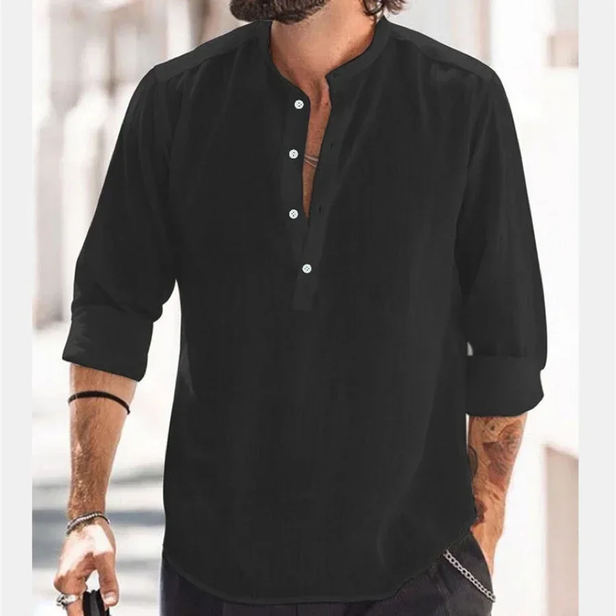 

Cotton Linen Men Casual Shirts Long Sleeve Stand Collar Men's Tops Solid Button Breathable Loose Henley Shirt Holiday Streetwear