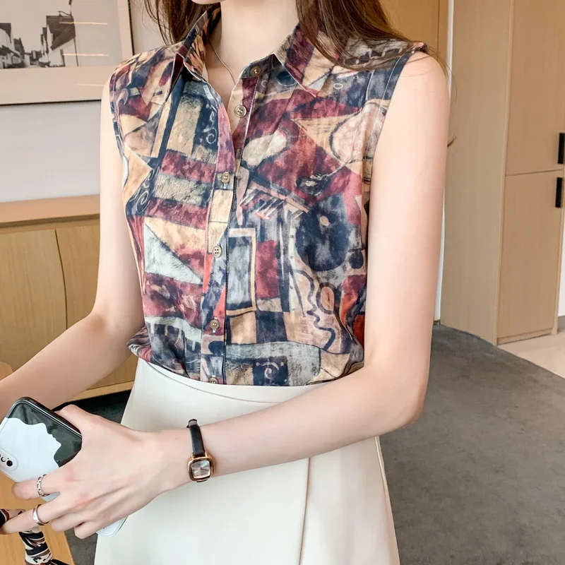 

Women's Outerwear Shirt Turn Down Collar Sleeveless Chiffon Blosue Summer New Vintage Print Shirt Camisole Clothes Blusas 25362