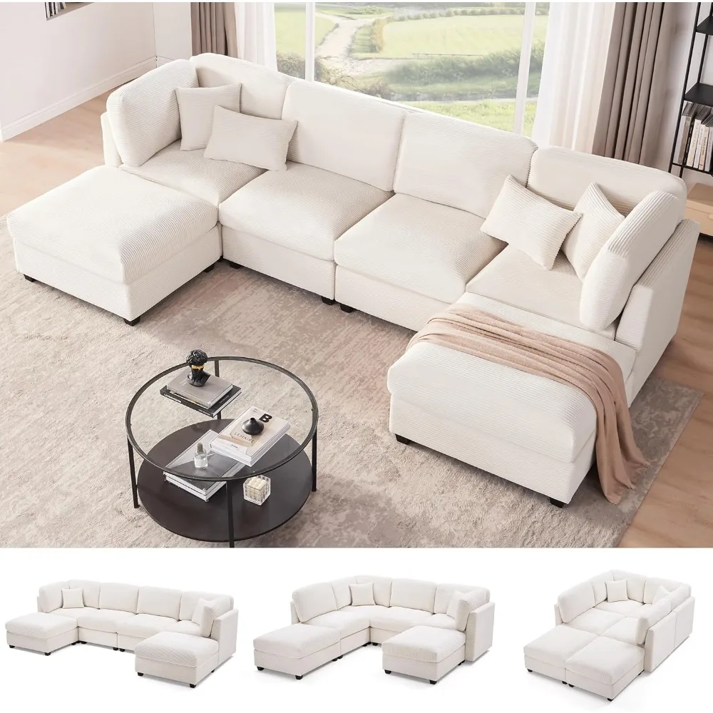 

U Shaped Modular Couch with Storage, 6 Seat Convertible Corduroy Couch, Comfy Sectional Couches for Living Room with Memory Foam