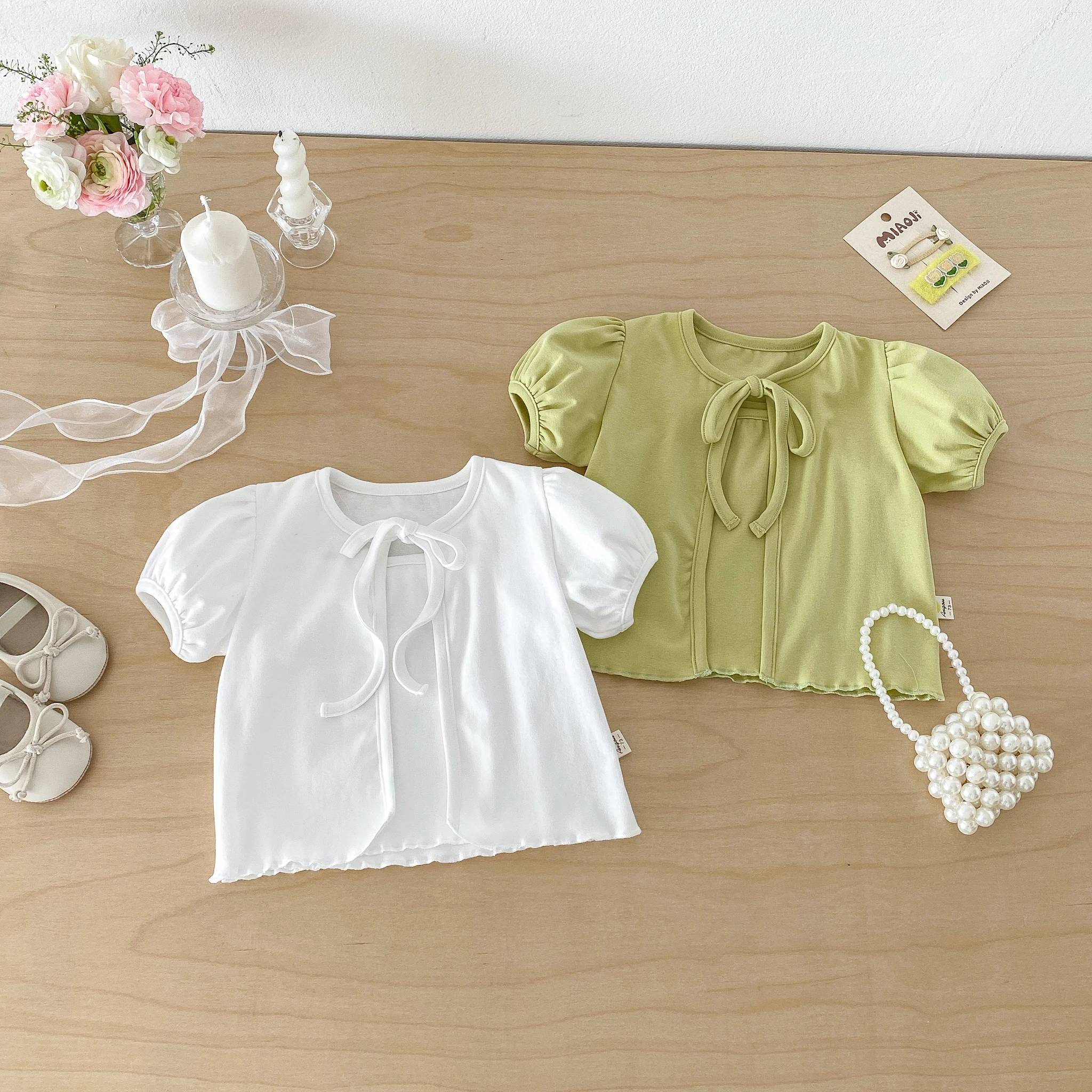 Summer New Style Simple Korean Version Baby and Toddler Halter Vest Short Sleeve Small Cardigan Two-Piece Set T-Shirt Top