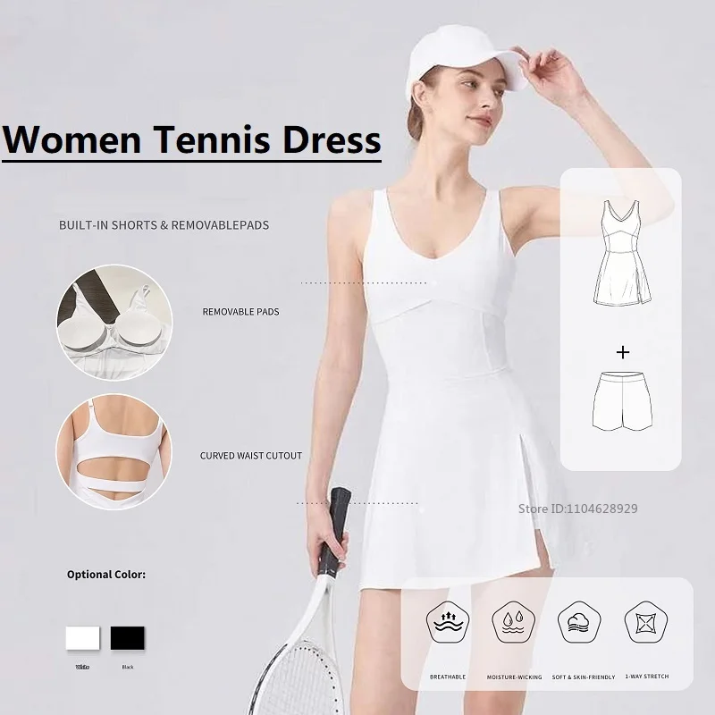 Women Slim Tennis Yoga Dress Sleeveless Skirt with Bra and Short Ladies V-Neck Split Quick Dry Golf Dress Yoga Workout Skort