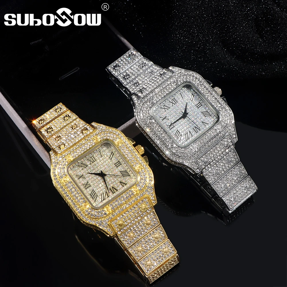 Hip Hop Men Women Iced Out Square Diamond Watch Sparkling Quartz Watches Fashion Classic Arabic Number Clock Gift Dropshipping