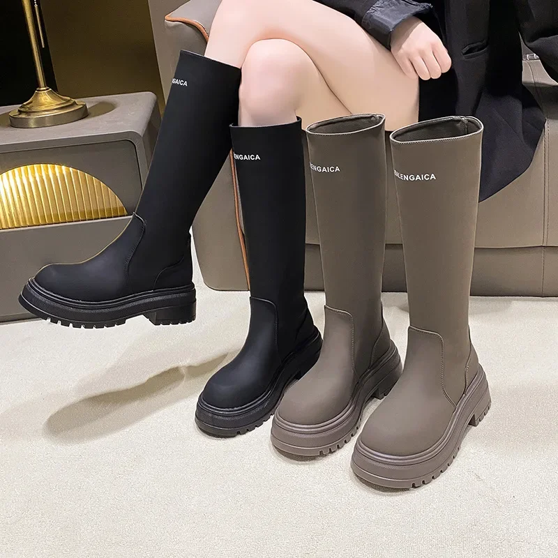 Women Boots with Thick Soles Medium Sleeves Autumn Long Sleeves with Back Zippers Elephant Gray Knight Boots for Women in Europe