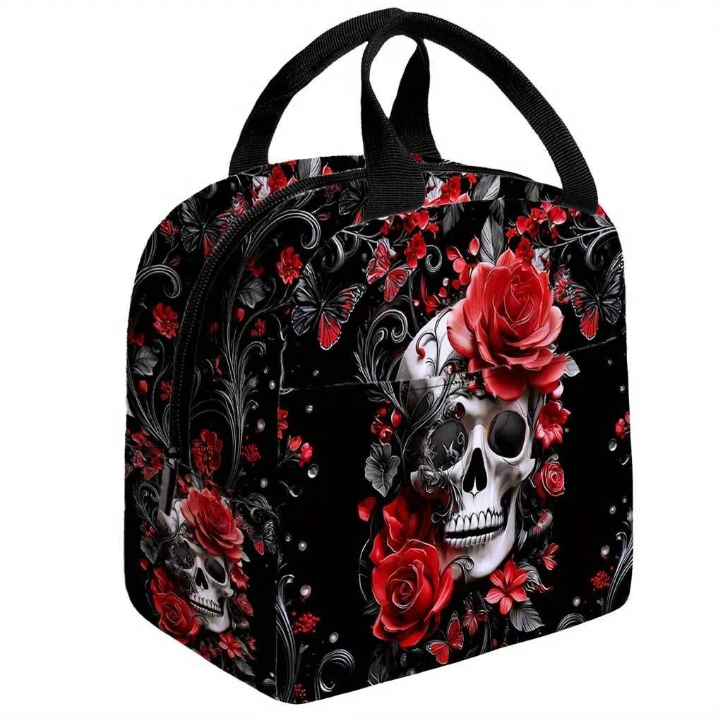 Skull Rose Lunch Bag Insulated Portable Cooler Tote Gothic Floral Print Reusable Food Storage Handbag for Office Picnic School