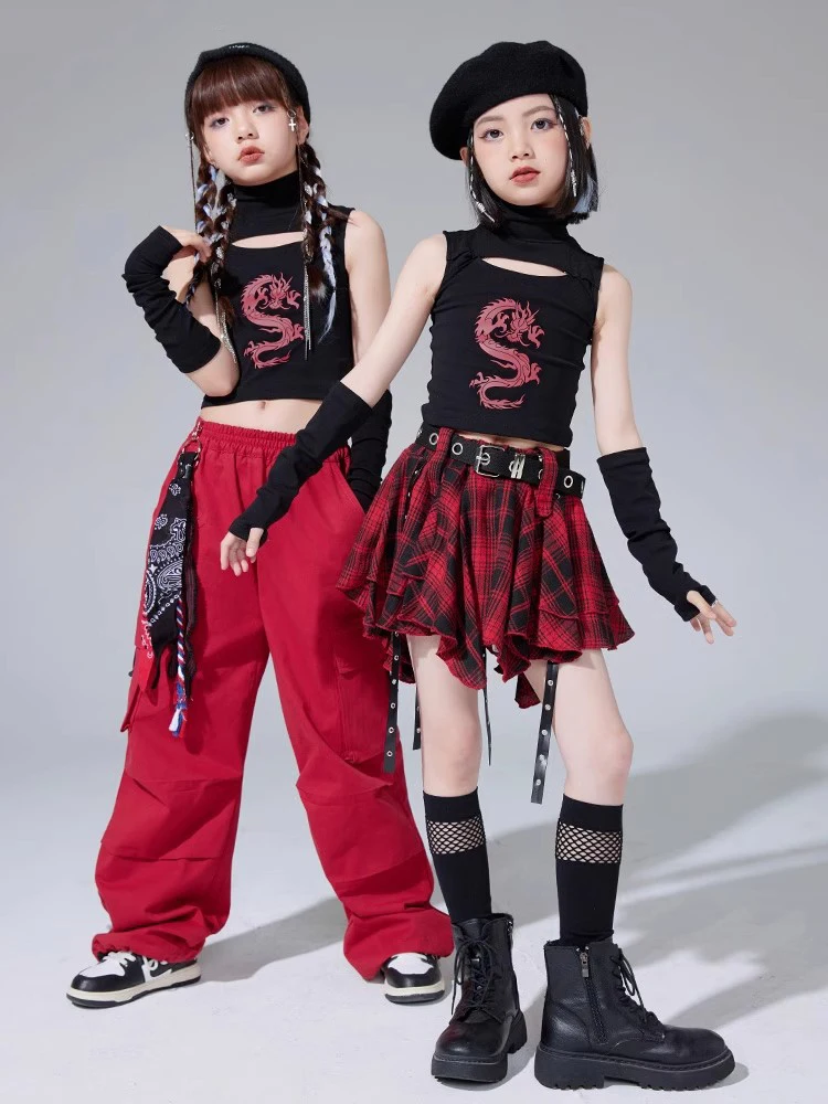 

New Girls Jazz Dance Costume Cheerleading Performance Outfit Kids Hip Hop Clothes Black Tops Red Plaid Skirt Loose Pants BL12964