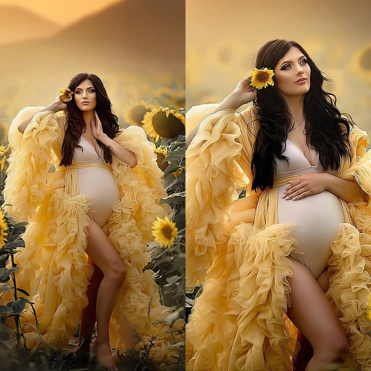 

Fluffy Tulle Gold Maternity Dress Photo Shoot Women Tulle Robes for Photography Ruffled Bridal Bathrobe