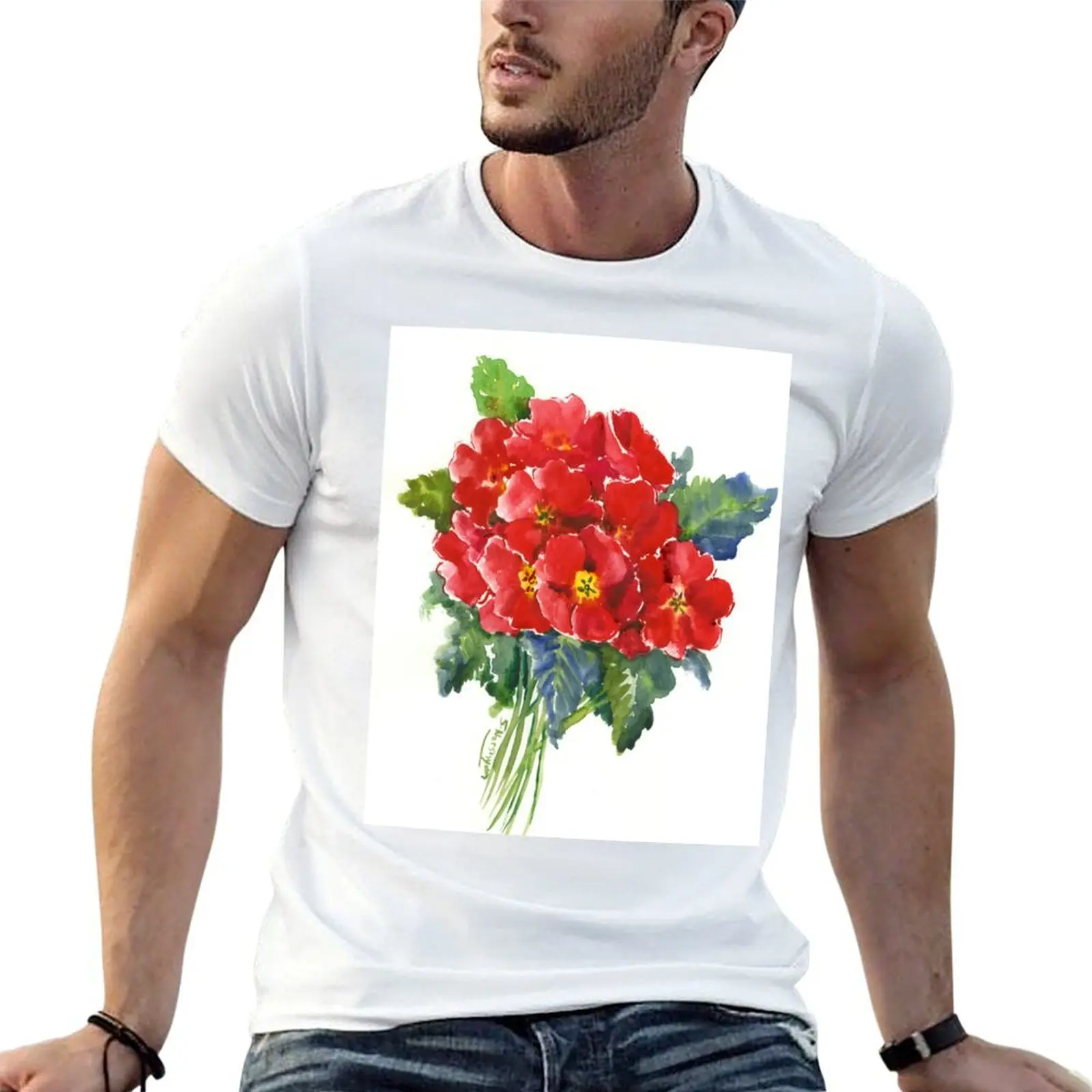 

Red Primula Flowers T-Shirt man t shirts for men essential t shirt black cotton t-shirt plain for man package T-shirt