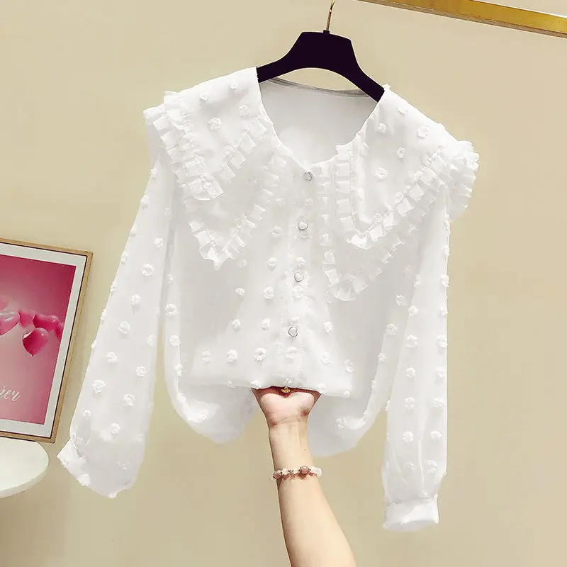 Korean Women Sweet Kawaii Ruffled Peter Pan Collar Solid Chiffon Shirt Fashion Casual Loose Long Sleeve Blouse Top Female Blusas