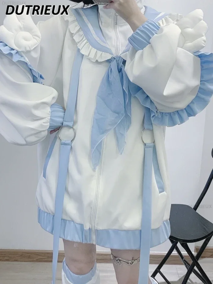 ربيع الخريف جديد اليابانية التصميم الأصلي الألغام الإنتاج الضخم سترة رياضية بحار طوق أزرق أبيض فضفاض متعدد الألوان معطف