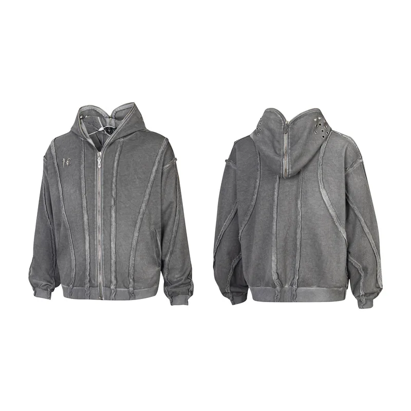 

Washed Patchwork Thug Club Metal Rivet Hoodie Men Women 1:1 Best Quality Zipper Hooded Cardigan Short Sportswear Jacket