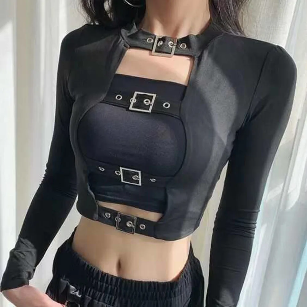 

Black Punk Style Women's T-Shirts Cyber Y2k Aesthetic Long Sleeve Cropped Bodycon Tops Ruched Sexy Cut Out Metal Buckle Tees