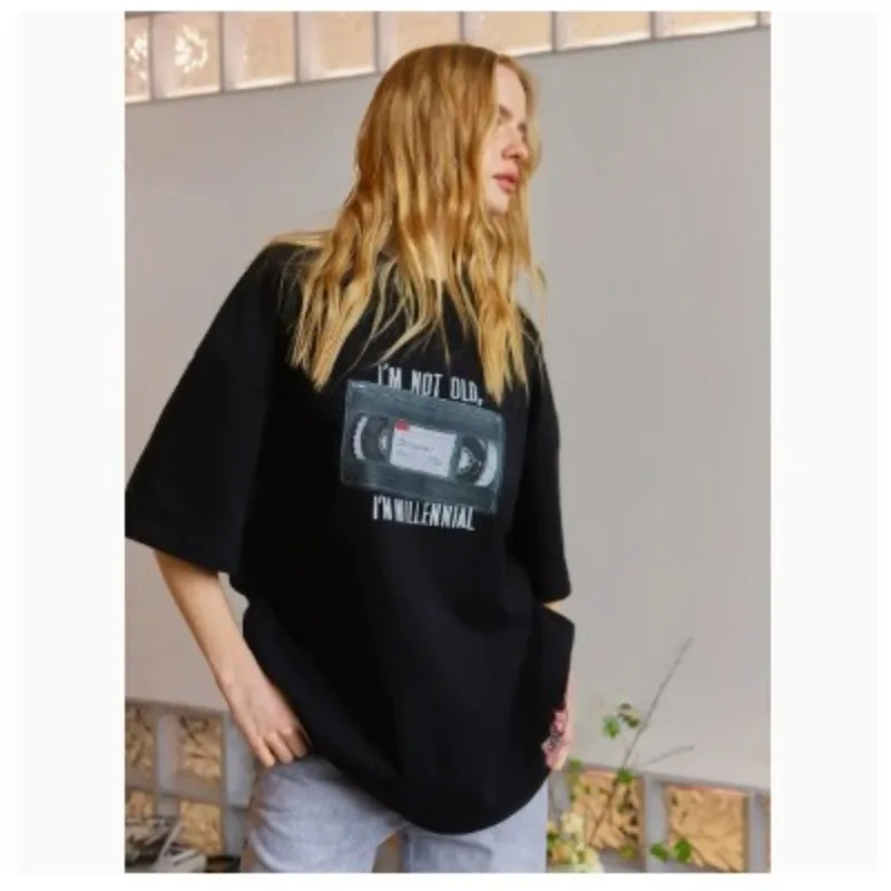 100% Pure Cotton Short-sleeved T-shirt American Fashion Individual Stylish Simple and Trendy Cassette Print Commuter Top Women