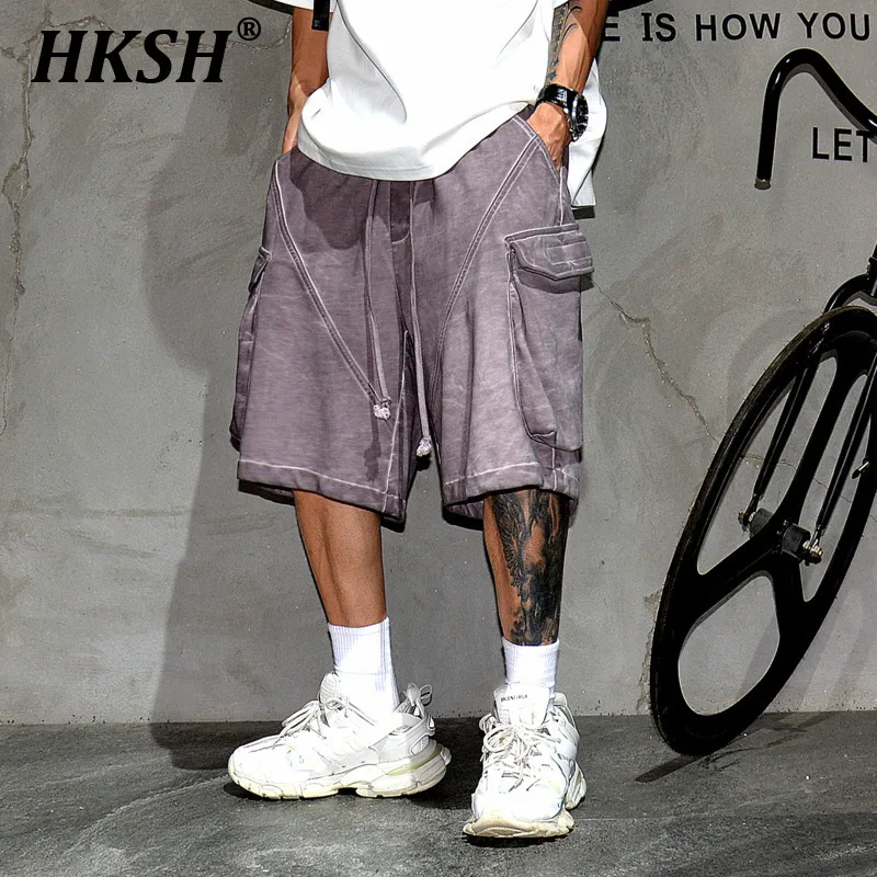 

HKSH Heavy Weight Cotton Looped Large Pockets Vintage Casual Shorts Men's Tide Niche Japanese Distressed Dirty New Capris HK1523