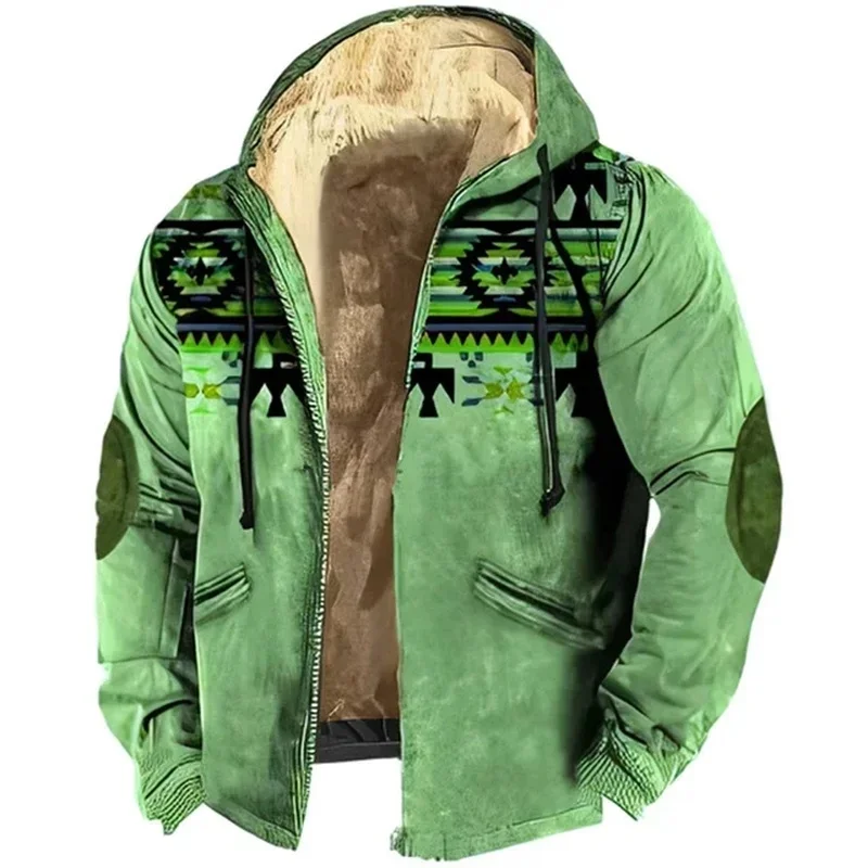 Men Fleece Jackets Hip Hop Tribal Graphic 3D Print Winter Long Sleeve Hoodies Zipper Jacket Outdoors Outerwear Warm Coats