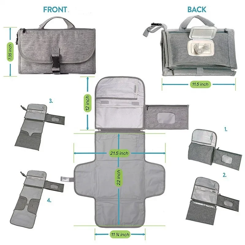 Portable Diaper Changing Pad Changing Mat For Newborn Baby Changing Pad with Smart Wipes Pocket Waterproof Travel Changing Kit