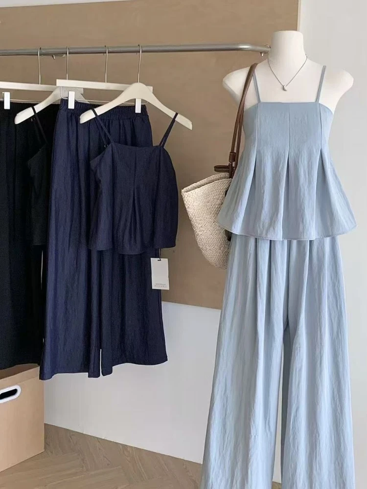 

French Style Minimalist Two Piece Set Women's Summer New Loose Strap Sleeveless Top High Waist Wide Leg Pants Solid Color Set