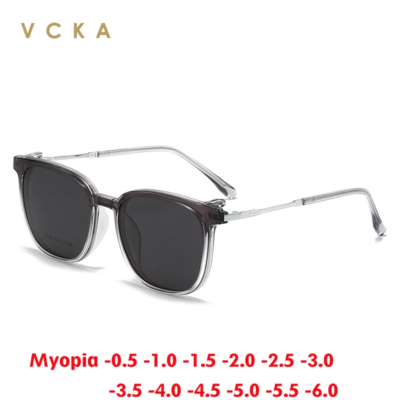 

VCKA 2 in 1 Women Myopia Glasses Big Frame Polarized Optical Metal Sunglasses Magnetic Clip Prescription Eyewear-0.50 to -6.0