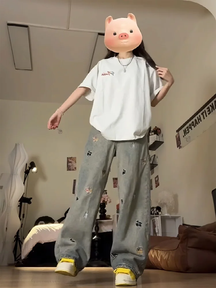 بالإضافة إلى حجم الجينز الأمريكي Sle مستقيم الساق المرأة فضفاضة عالية الخصر التخسيس واسعة الساق طول الأرض بنطلون لباس غير رسمي #4