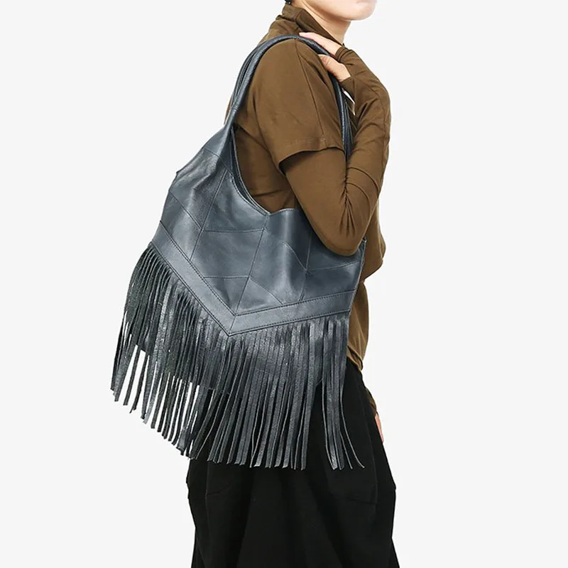 Women Fashion Designer Fringe Bag Boho Style Genuine Leather Bohemian Shoulder Bags Popular Tassels Female Hobo Underarm Handbag