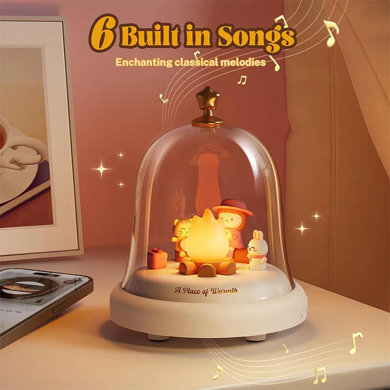 Caja de música navideña recargable con Bluetooth, luz nocturna LED con diseño de campana y llama para decoración de ambiente del hogar, regalos de Navidad para niños