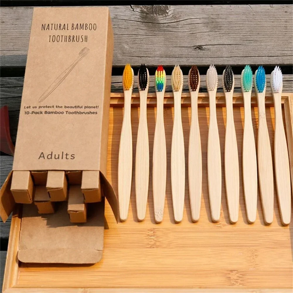 صندوق واحد ملفوفة من الخيزران مجموعة فرشاة أسنان للكبار طبيعي وصديق للبيئة فرشاة أسنان مصنوعة من خشب الخيزران اللوحي صندوق واحد مكون من 10 قطع #1