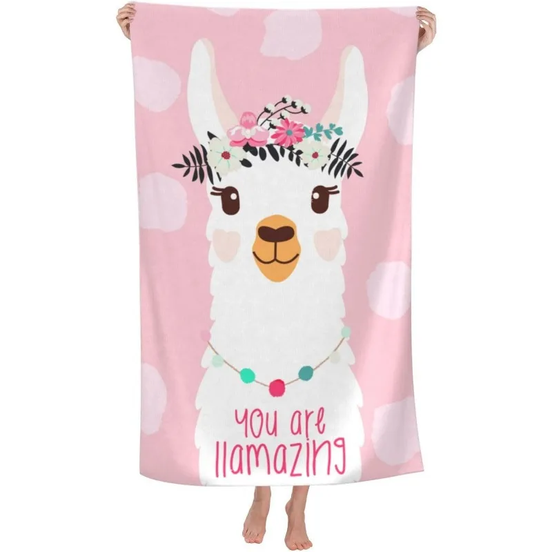 Newest Pink Floral Wreath Cute Llama You Are Llamazing Microfiber Beach Towel, Quick Dry Cartoon Towel for Vacation