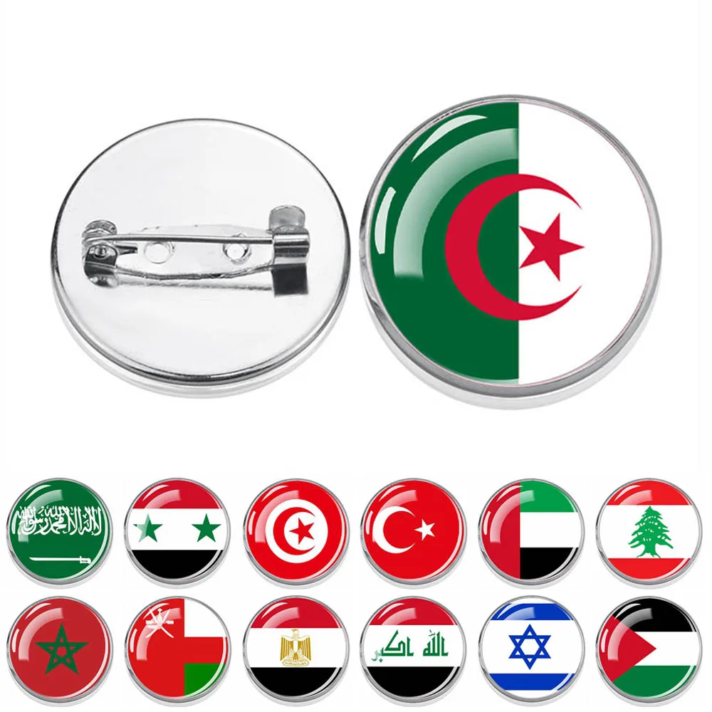 Middle East Flag Pins Glass Dome Brooches for Women Men Algeria Saudi Arabia Israel Palestine National Flag Brooch Jewelry Gifts