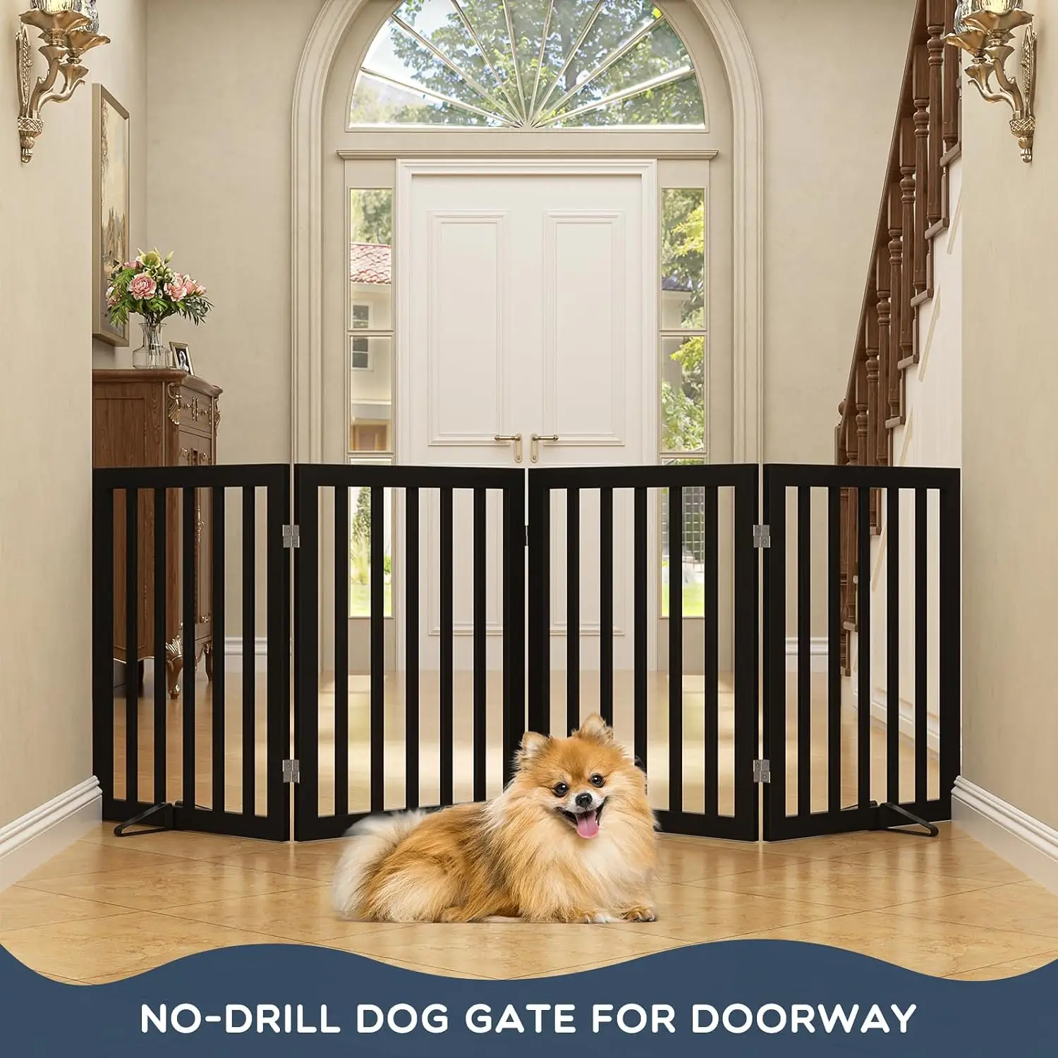 Freestanding Dog Gate Indoor 75W 24H Bamboo Pet Gate Black No Assembly Pet Fence Doorways Foldable Dog Barrier 2 Support Feet Pu
