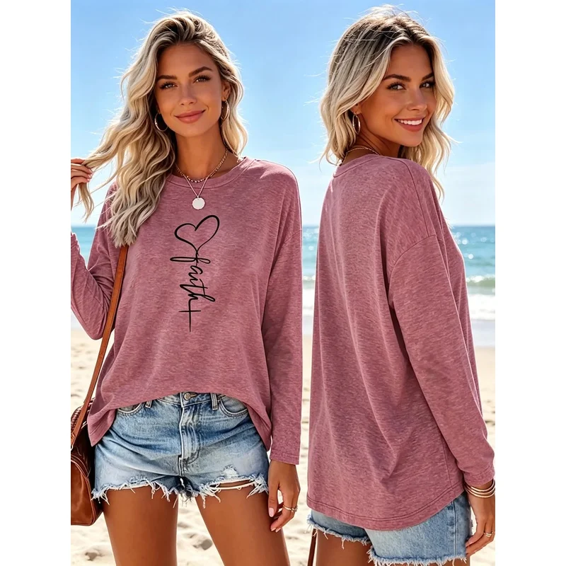 Women's Elegant Long-Sleeved Round-Neck Knitted T-Shirt Solid Color Loose Fit Heart Pattern Top for Autumn Winter Fashion