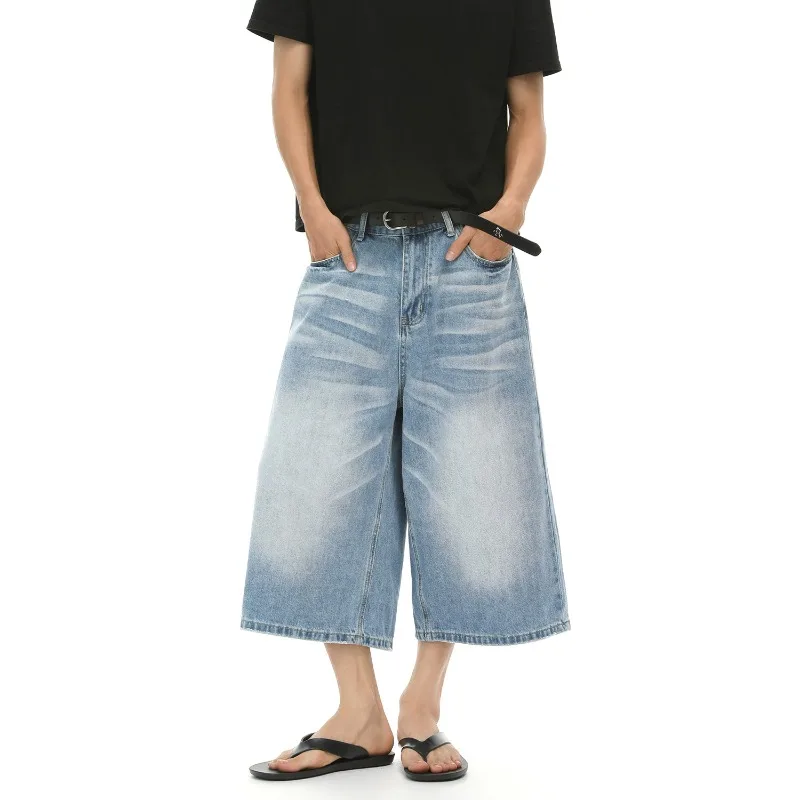 Men's Retro Old Cleanfit Wide Leg Pendant Cat Beard White Denim Cropped Pants