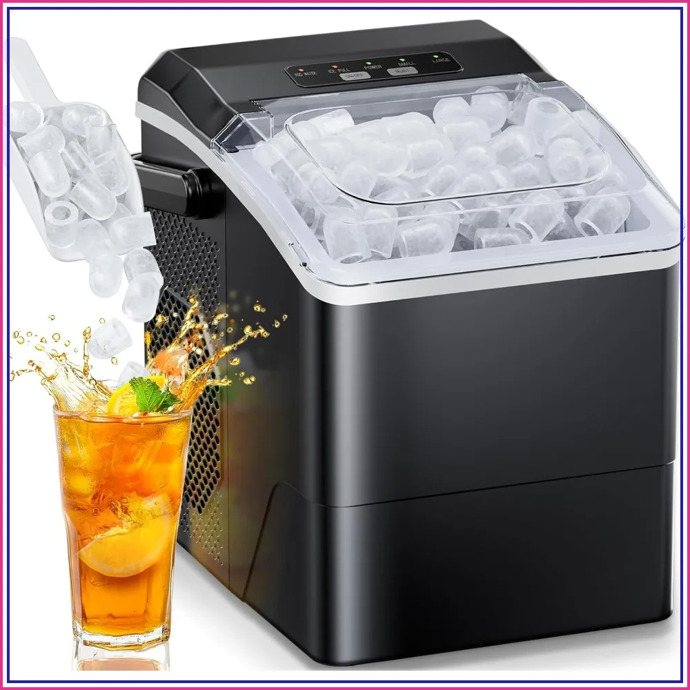Ice Maker Countertop: 9 Cubes in 6 Mins, 26 lbs/Day, 2 Sizes, Self-Cleaning, Portable with Handle for Home, Kitchen, Camping, RV, Office, Black