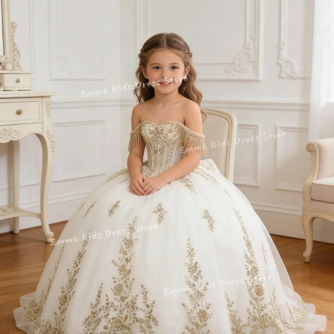 Custom Gold Applique Flower Girl Dress with Tassel Sequins, Girl's Puffy Skirt, Off-Shoulder Bow Fairy Tale Ball Gown