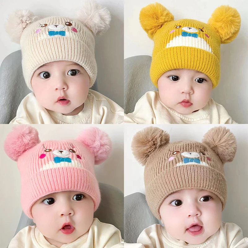 Cute Bear Baby Beanie Winter Warm Kids Knit Hat Double Pompom Infant Crochet Bonnet Plush Ball Newborn Wool Pullover Cap 0-1Year
