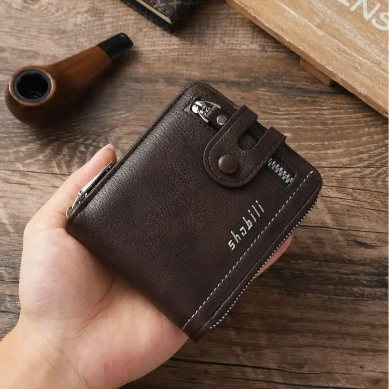 

European and American men's high-end wallet PU zipper buckle multiple card slots casual retro simple large capacity coin purse