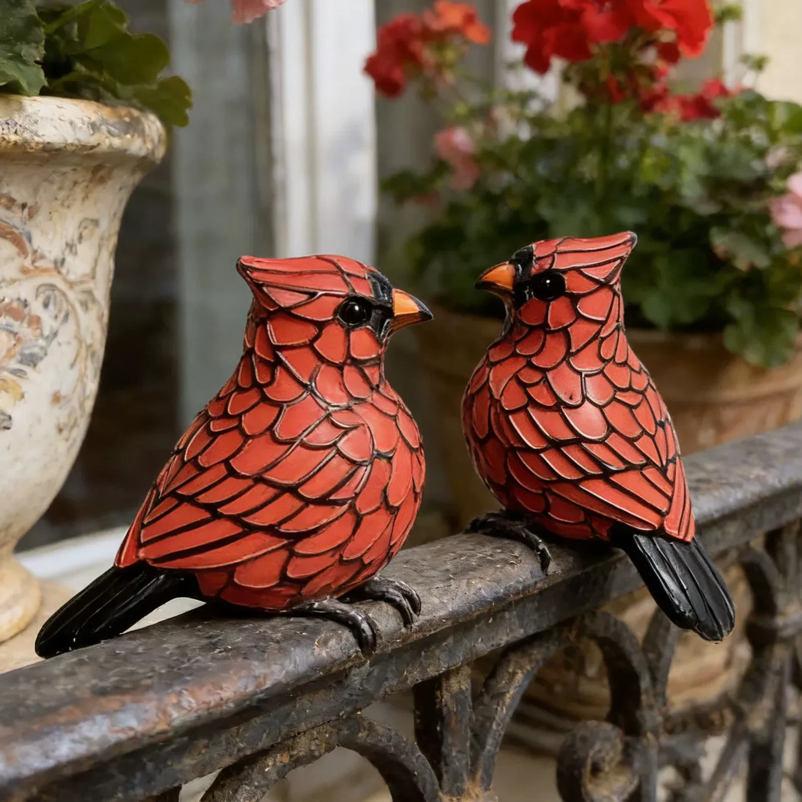 Resin Red Bird Garden Hanging Ornament With Hand Painted Glass Style For Outdoor Decoration